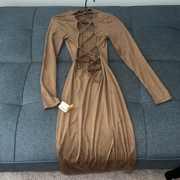 Black Bead Dresses & Skirts - Brown 🐻 suede like midi dress tie up back nwt